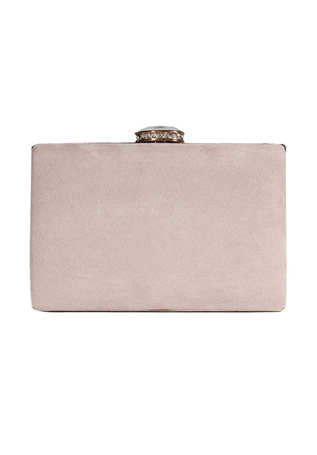 Nude Suede Box Clutch With A Jewel Clasp