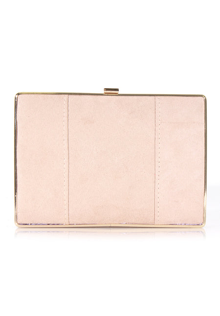 Nude Suede Box Clutch with Gold Detail