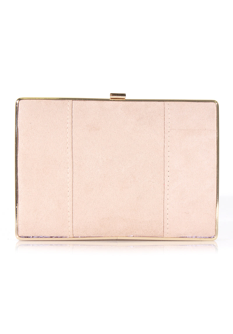 Nude Suede Box Clutch with Gold Detail