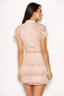 Nude High Neck Lace Layer Frill Mini Dress