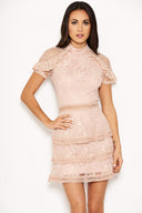 Nude High Neck Lace Layer Frill Mini Dress