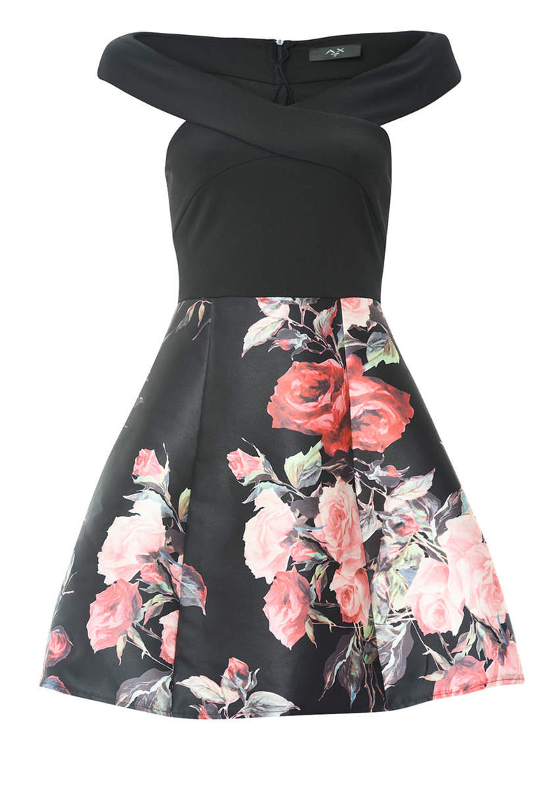 Black Printed Floral 2 in 1 Off Shoulder  Midi Skater Dress