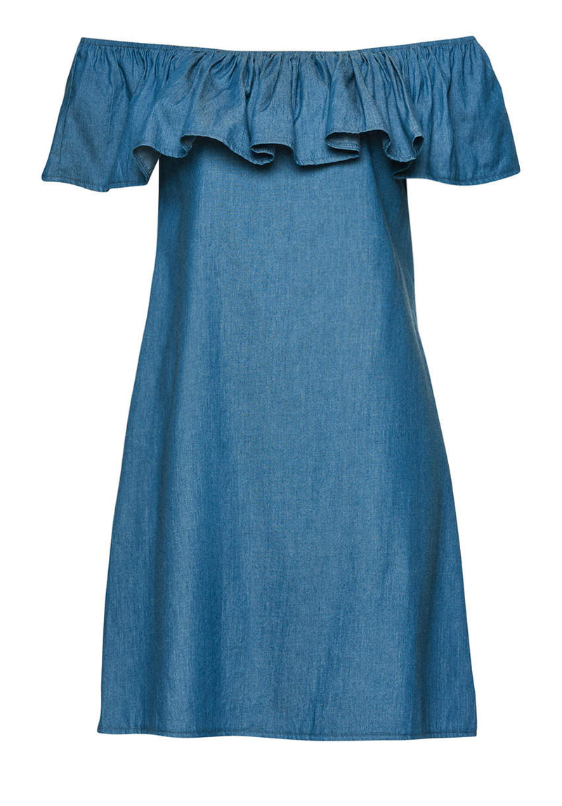 Blue Denim Dress Off Shoulder Frill Feature AX Paris Blue Denim Dress Off Shoulder Frill Feature AX Paris