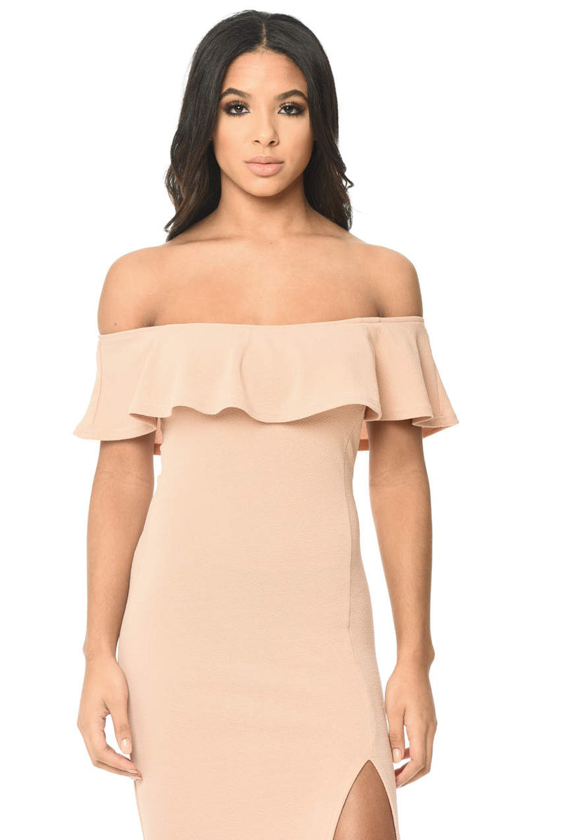 Off The Shoulder Blush Maxi Dress With Frilled Front And Thigh High Split