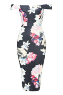 Off The Shoulder Navy Floral Print Bodycon Dress