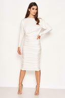 White Boat Neck Dress With Ruched Detail