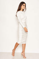 White Boat Neck Dress With Ruched Detail