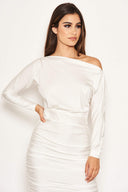 White Boat Neck Dress With Ruched Detail