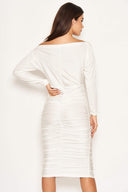 White Boat Neck Dress With Ruched Detail