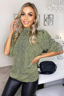 Olive Ditsy Leaf Print Elasticated Neck Top