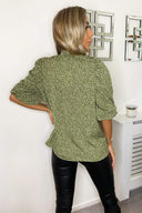 Olive Ditsy Leaf Print Elasticated Neck Top