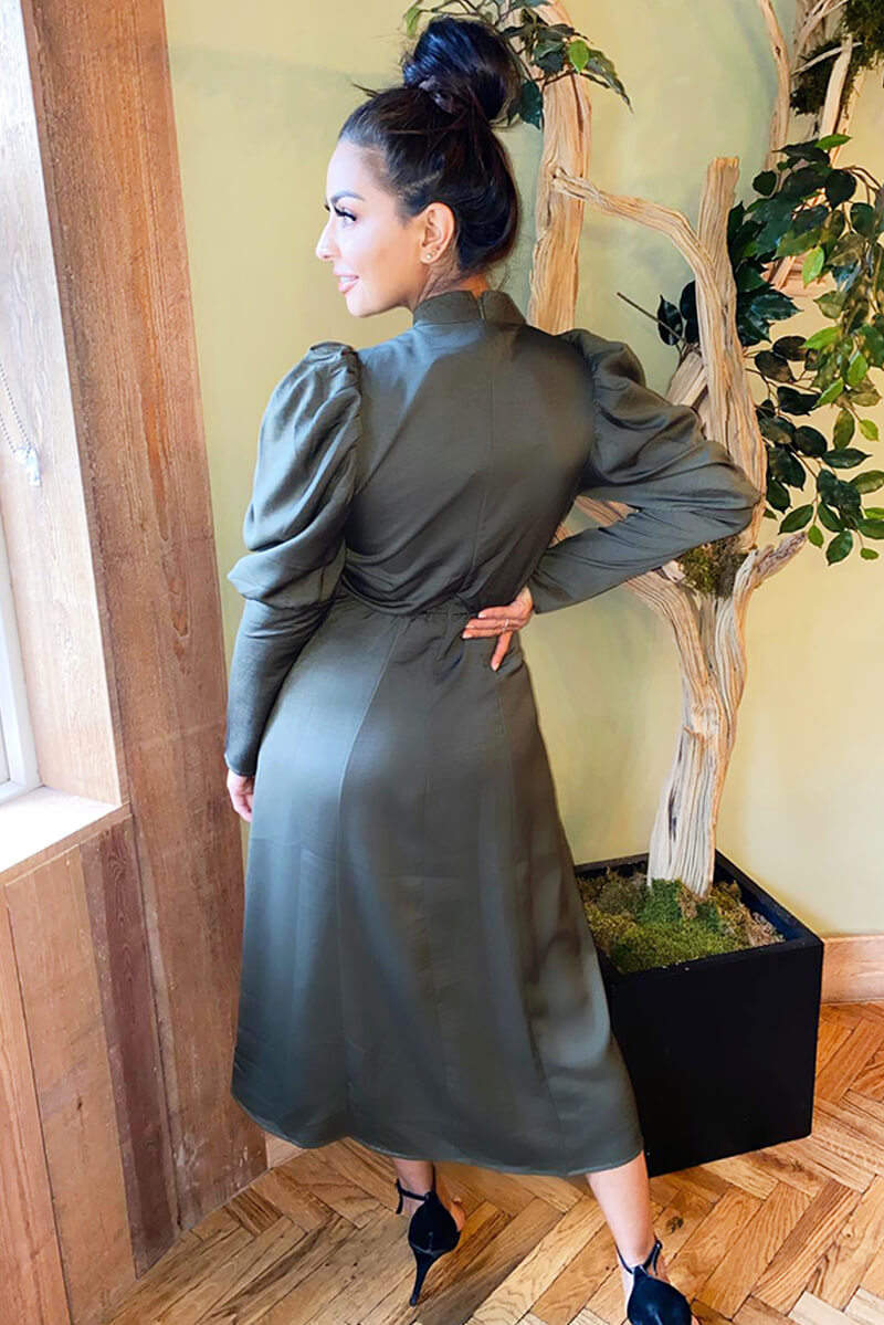 Olive Gathered High Neck Split Midi Dress AX Paris