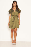 Olive Polka Dot Pleated Wrap Dress