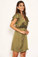 Olive Polka Dot Pleated Wrap Dress