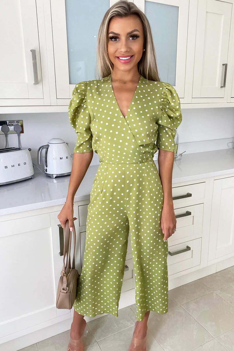 Olive Polka Dot Puff Sleeve Jumpsuit