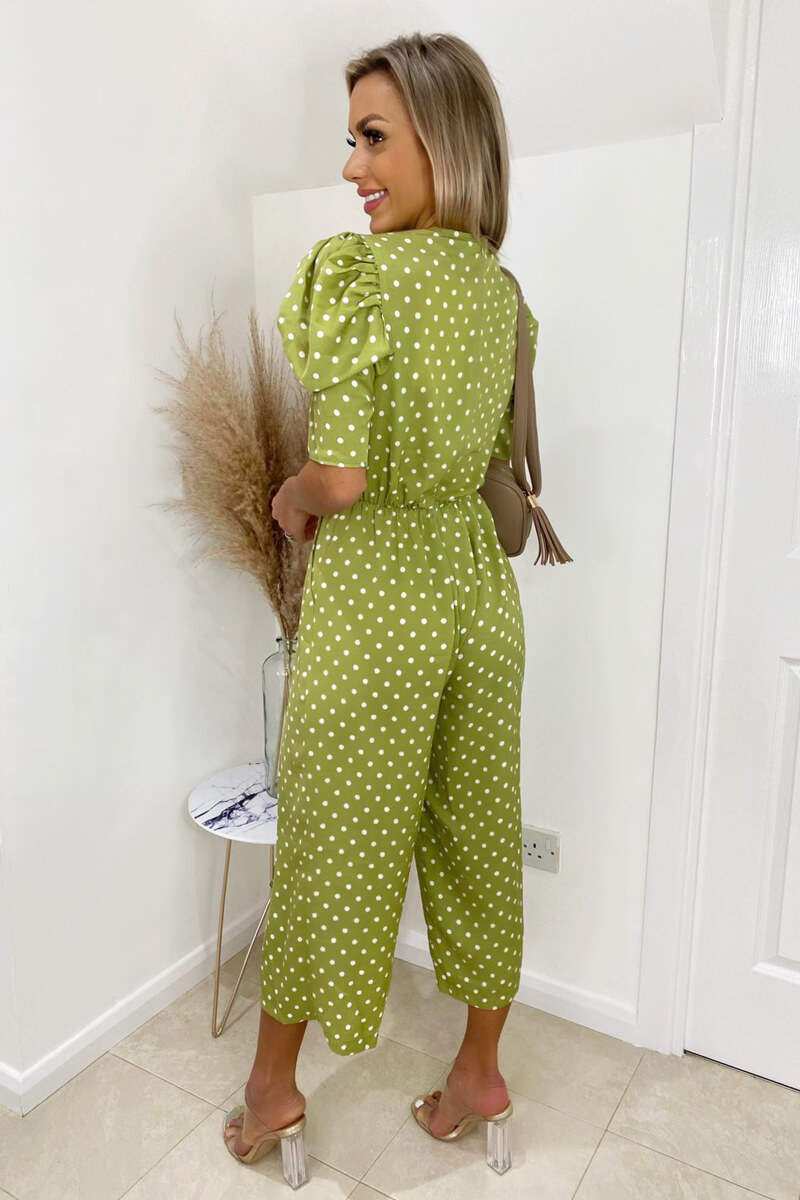 Olive Polka Dot Puff Sleeve Jumpsuit