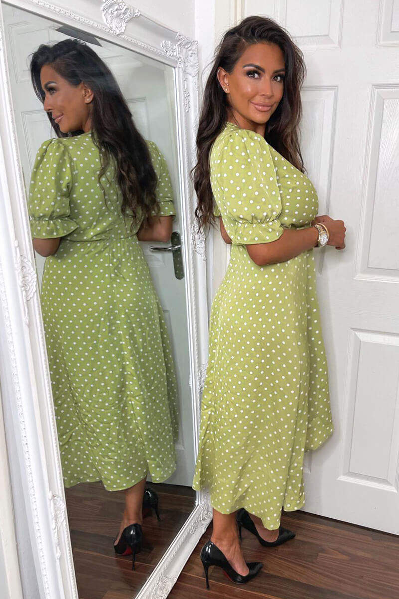 Olive Polka Dot Puff Sleeve Wrap Midi Dress