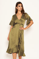 Olive Polka Dot Wrap Frill Midi Swing Dress