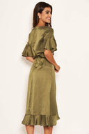 Olive Polka Dot Wrap Frill Midi Swing Dress