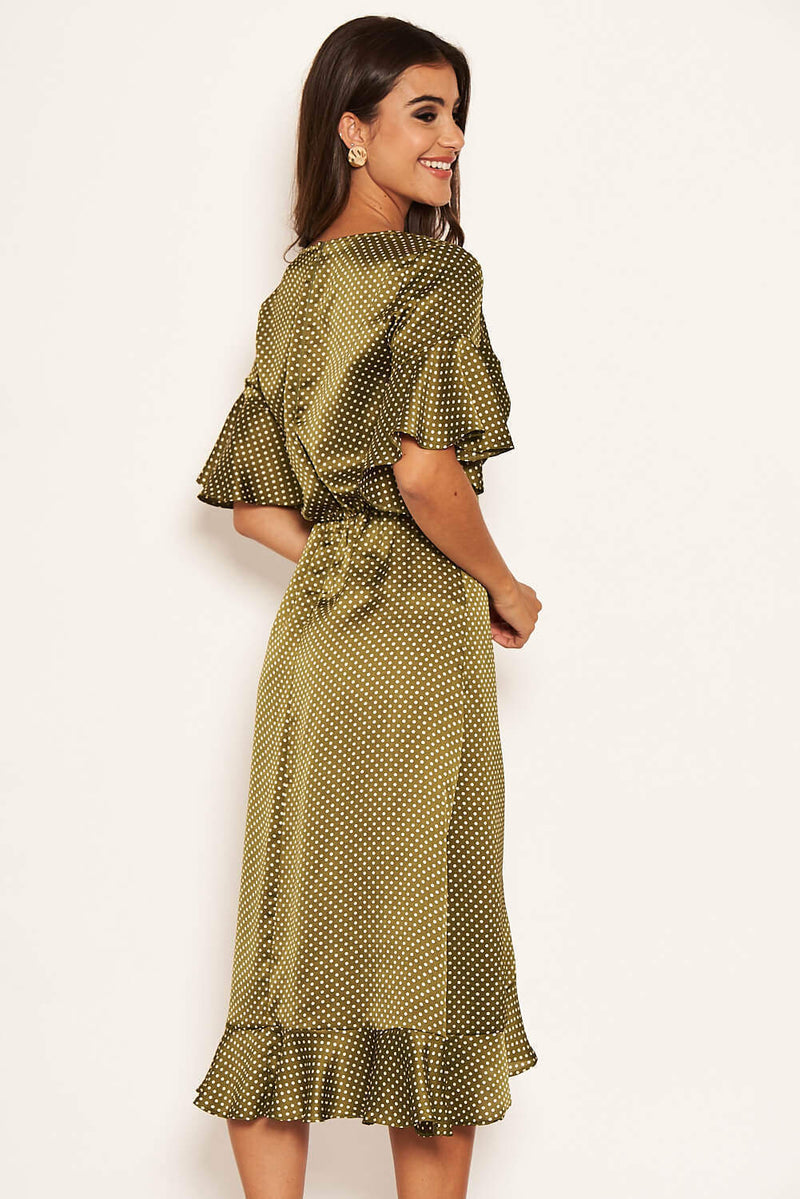 Olive Polka Dot Wrap Frill Midi Swing Dress