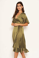 Olive Polka Dot Wrap Frill Midi Swing Dress