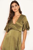 Olive Polka Dot Wrap Frill Midi Swing Dress