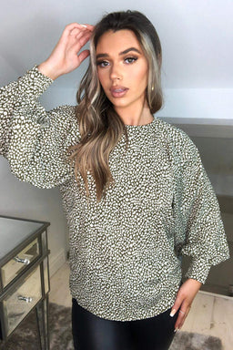 Olive Printed Balloon Sleeve Top