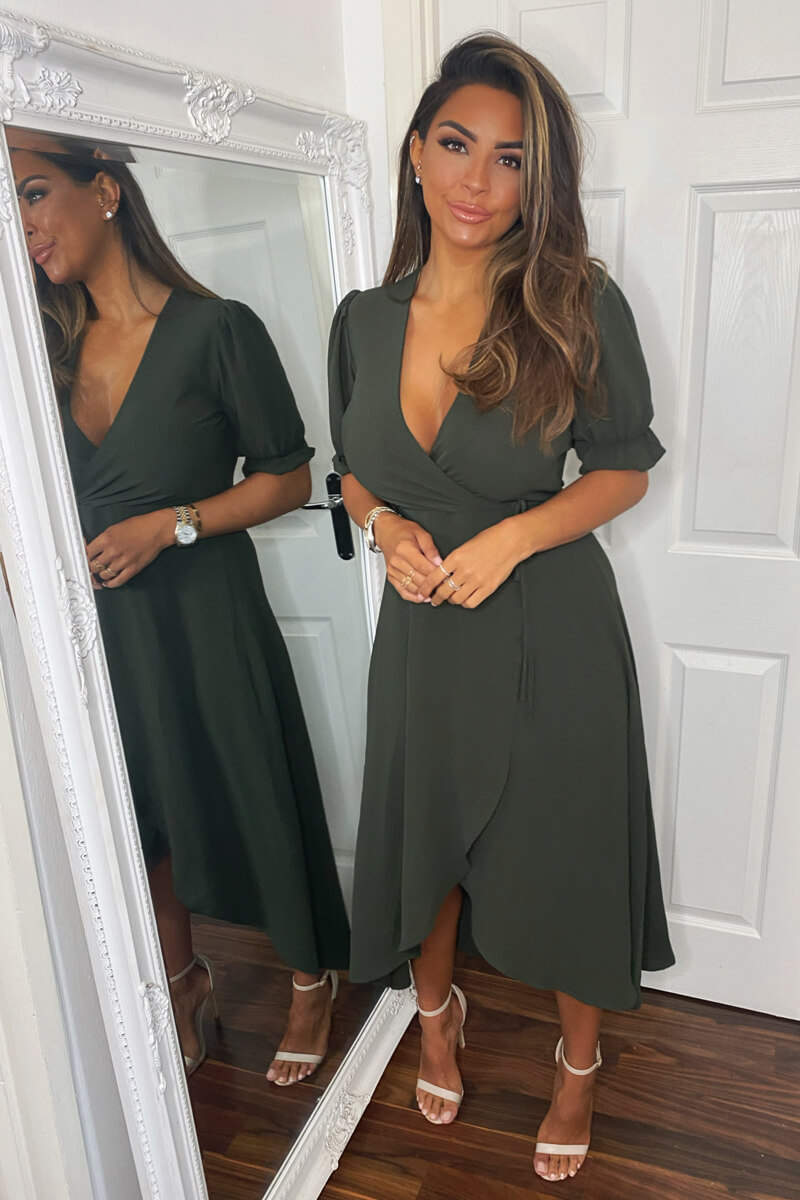 Olive Wrap Side Tie Midi Dress