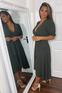 Olive Wrap Side Tie Midi Dress