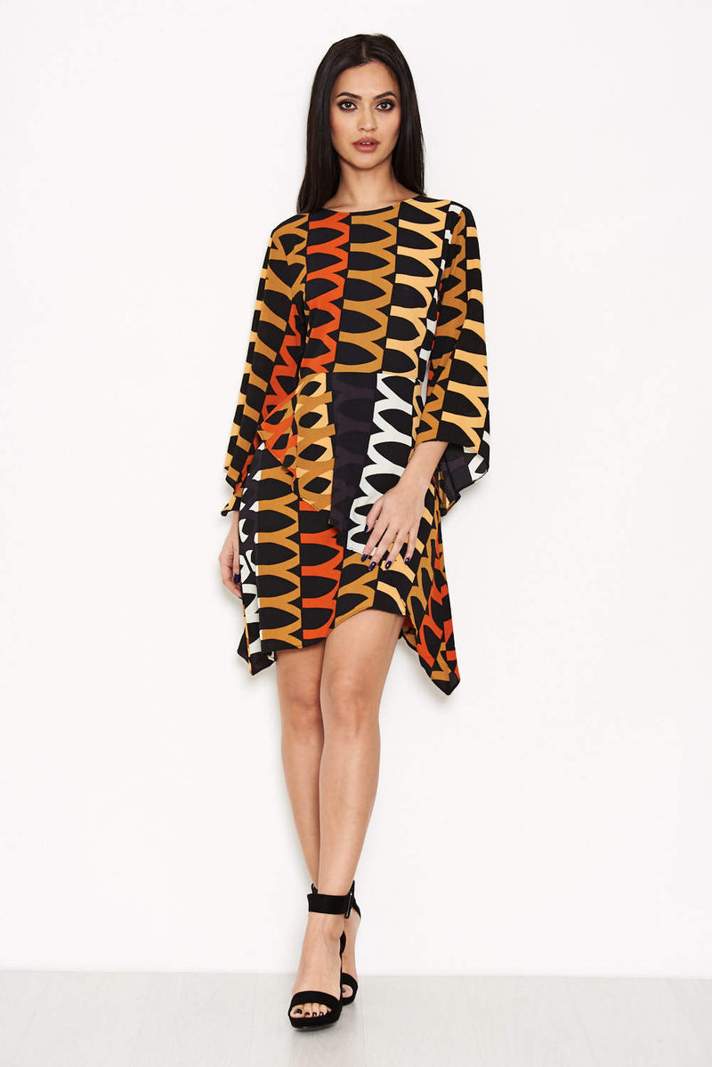 Orange Aztec Printed Frill Dress