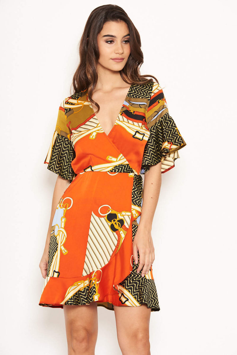 Orange Chain Print Wrap Dress