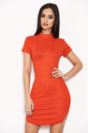 Orange Faux Suede Mini Dress with High Neck