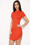 Orange Faux Suede Mini Dress with High Neck