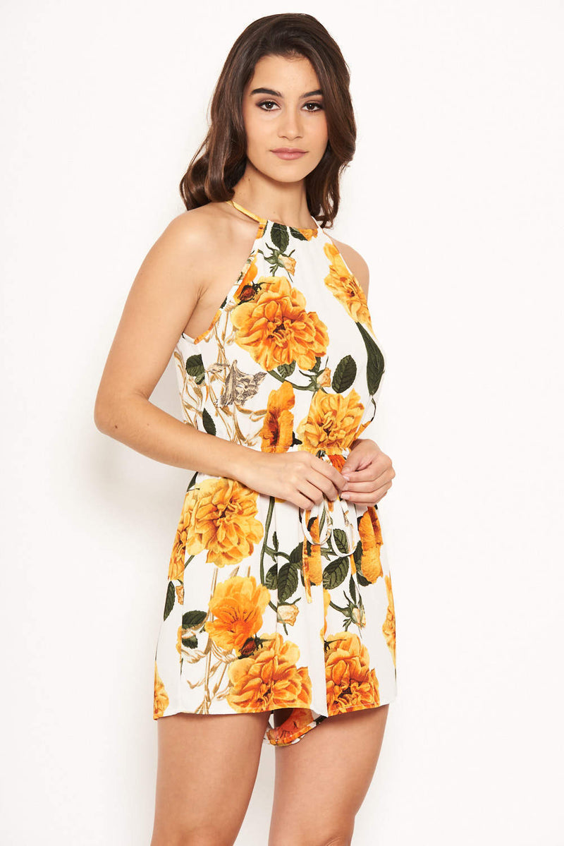 Orange Floral Tie Waist Playsuit