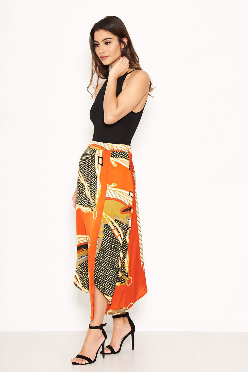 Orange Chain Printed Midi Skirt