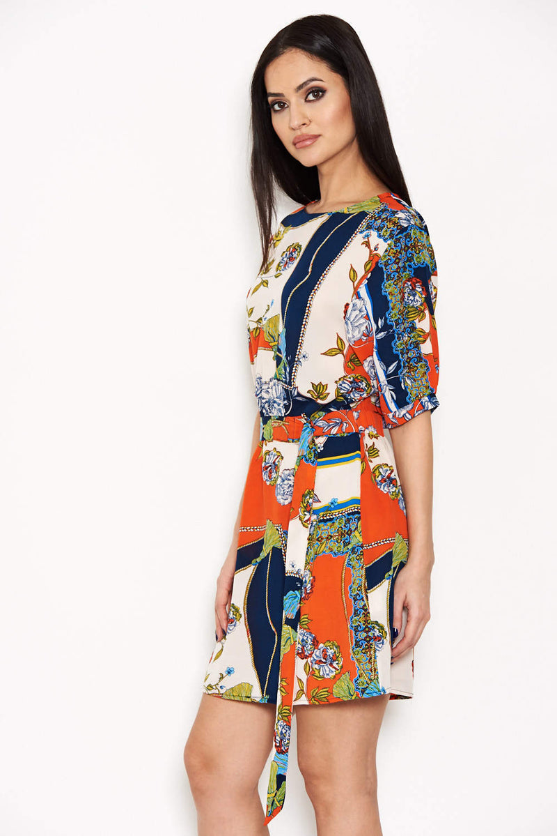 Orange Printed Tie Belt Dress