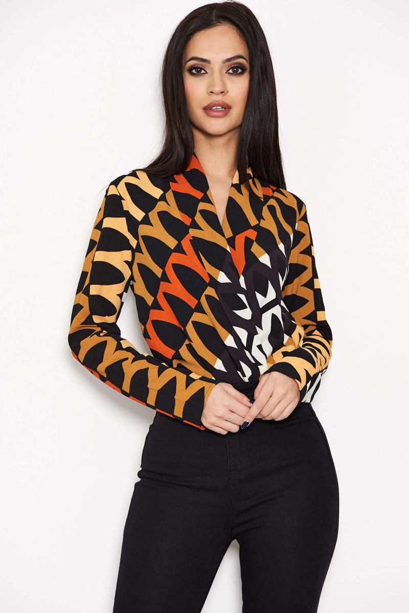 Orange Printed Wrap Bodysuit