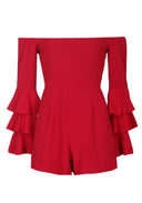 Red Ruffle Sleeve Playsuit