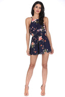 Navy High Neck Floral Print Playsuit