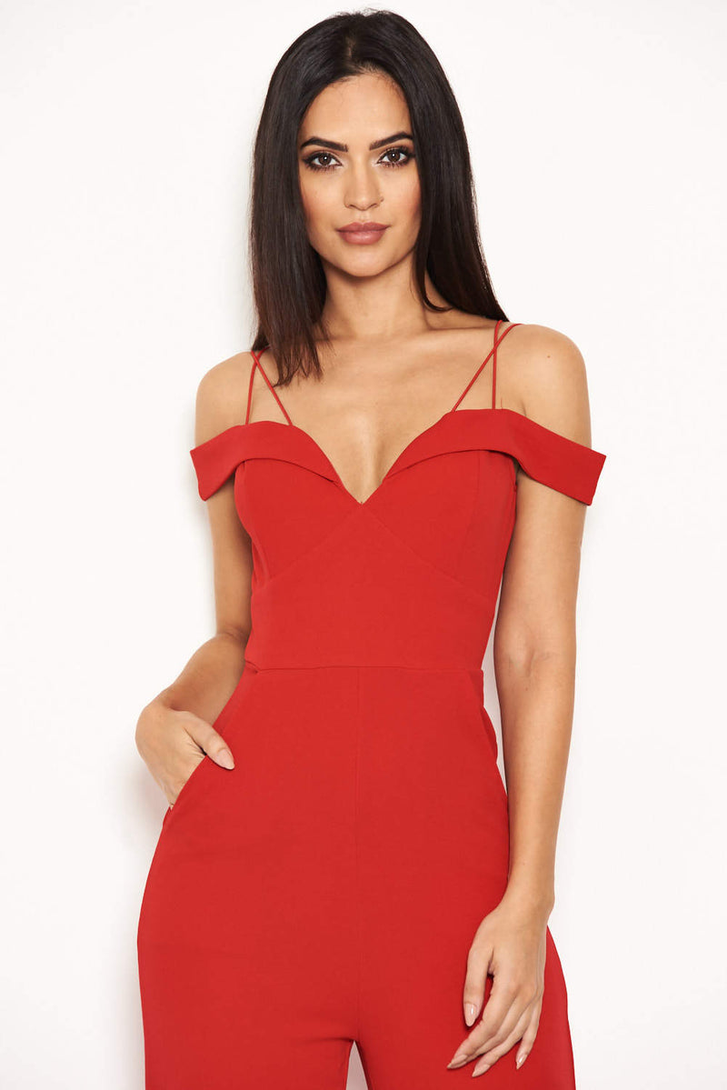Red Strappy Off The Shoulder Jumpsuit – AX Paris