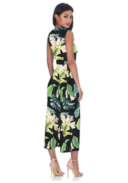 Navy Leaf Print Wrap Front Jumpsuit