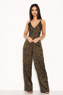 Khaki Animal Print V Neck Jumpsuit