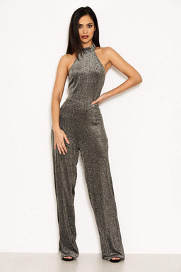 Silver Glitter High Neck Jumpsuit