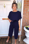 Navy Tie Waist Culotte Jumpsuit