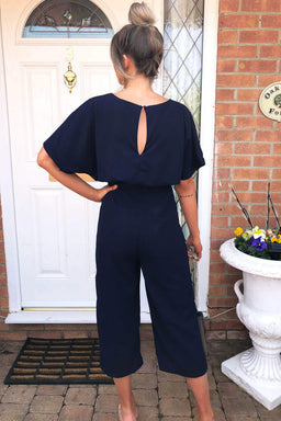 Navy Tie Waist Culotte Jumpsuit
