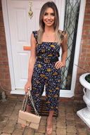 Navy Mixed Floral Frill Sleeve Jumpsuit