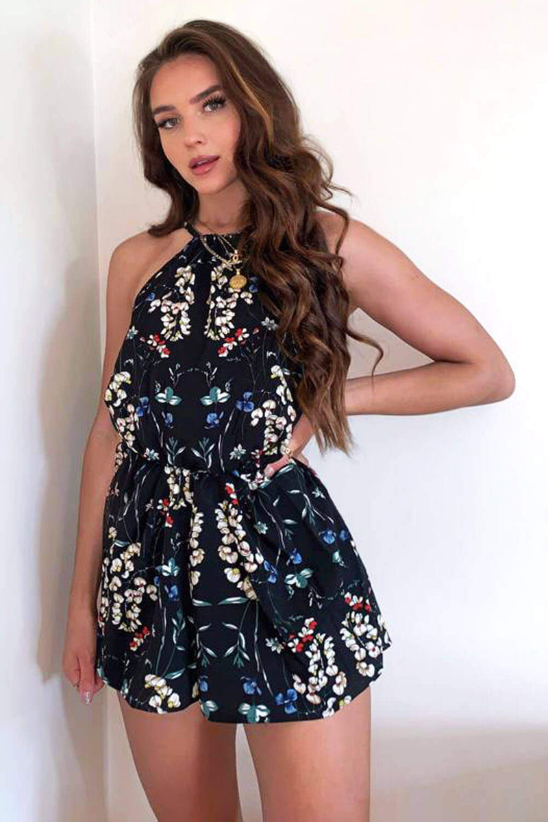 Black Floral Print Tie Waist Playsuit AX Paris