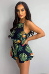 Navy Tie Waist Tropical Print Playsuit