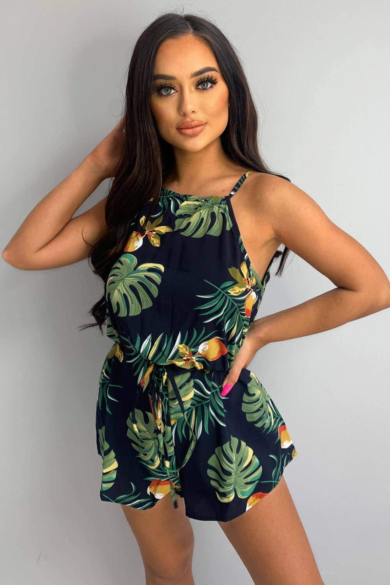 Navy Tie Waist Tropical Print Playsuit