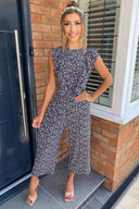 Navy Floral Frill Front Jumpsuit